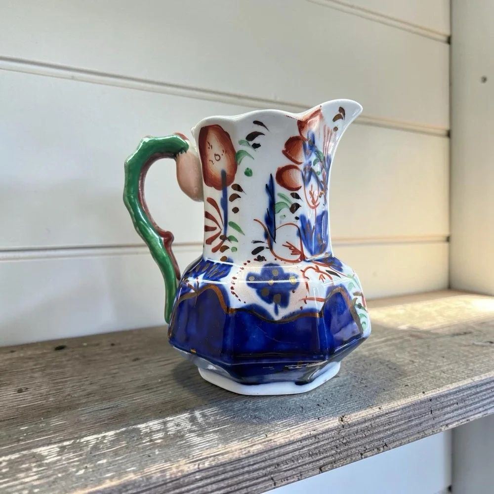 Early Gaudy Ironstone Pitcher With Unusual Handle - Ex. cond.